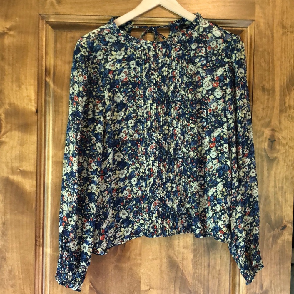 Zara Navy floral long-bishop sleeve pleated blouse
